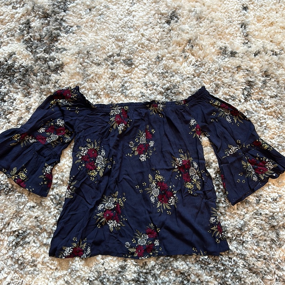 Mahina size S blue off the shoulder top. Bell 3/4 length sleeve